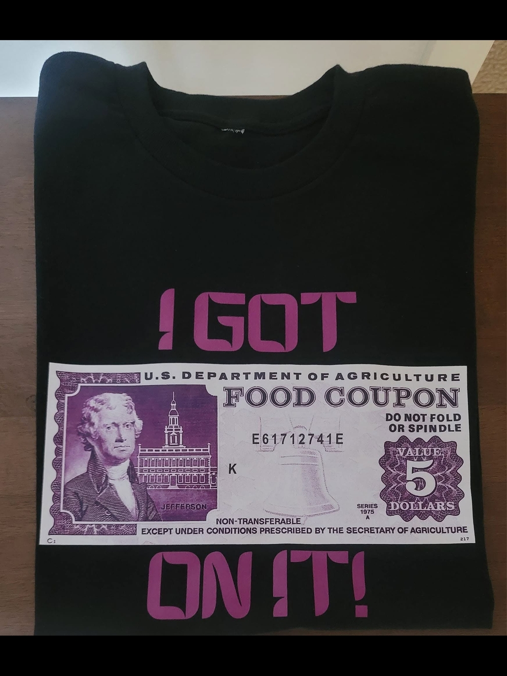 Black Graphic T-Shirt with Purple Food Coupon Print